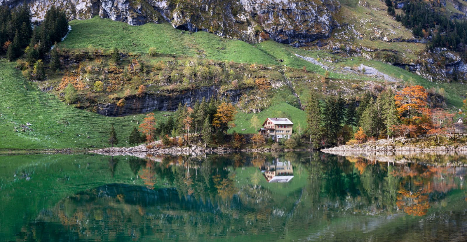 View over the Seealpsee in the Alpstein area. 